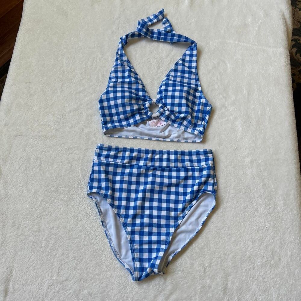 Pink Lily white and blue gingham bikini set removable padding small like new